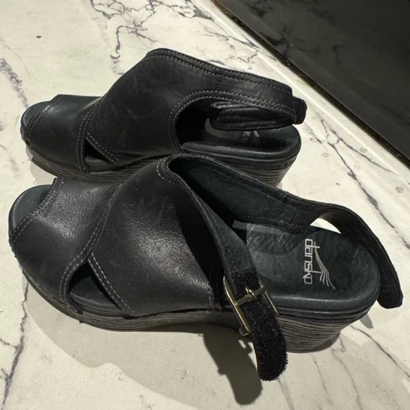 Dansko Black Leather Wedge Sandals - Picture 2 of 4